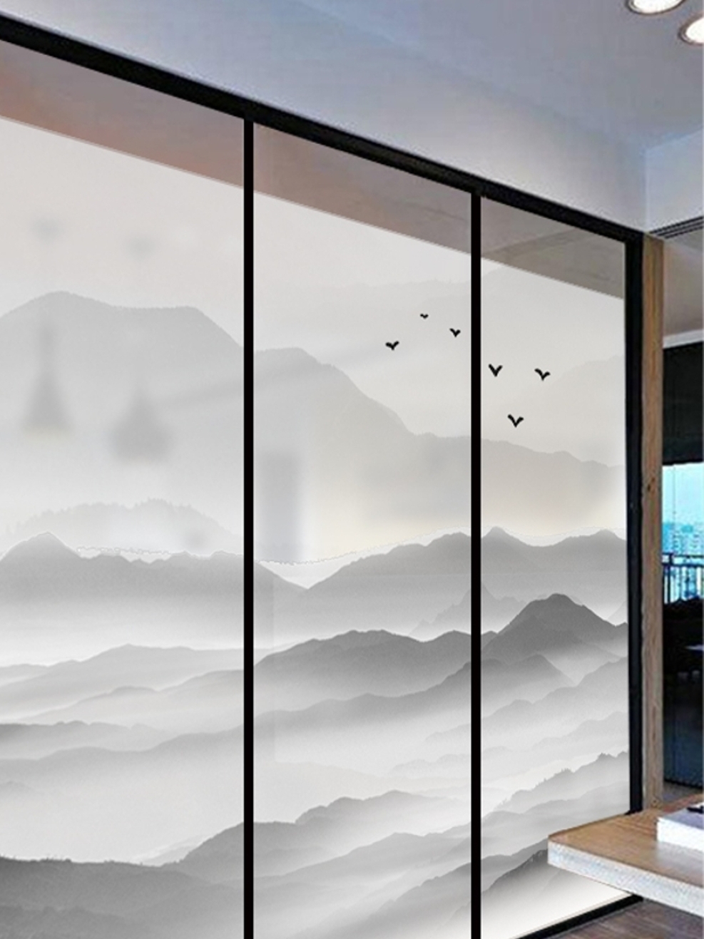 新中式水墨山水画透光不透明静电玻璃贴膜-晓晓美家