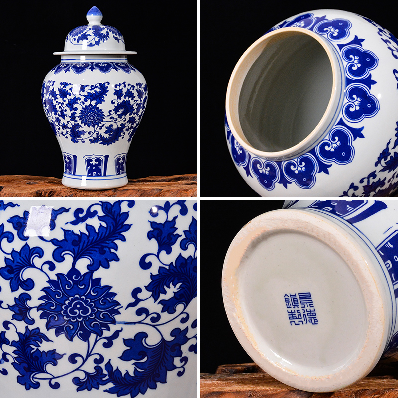 Jingdezhen ceramic general furnishing articles blue and white porcelain pot home bound lotus flower storage tank with cover caddy fixings sitting room decoration