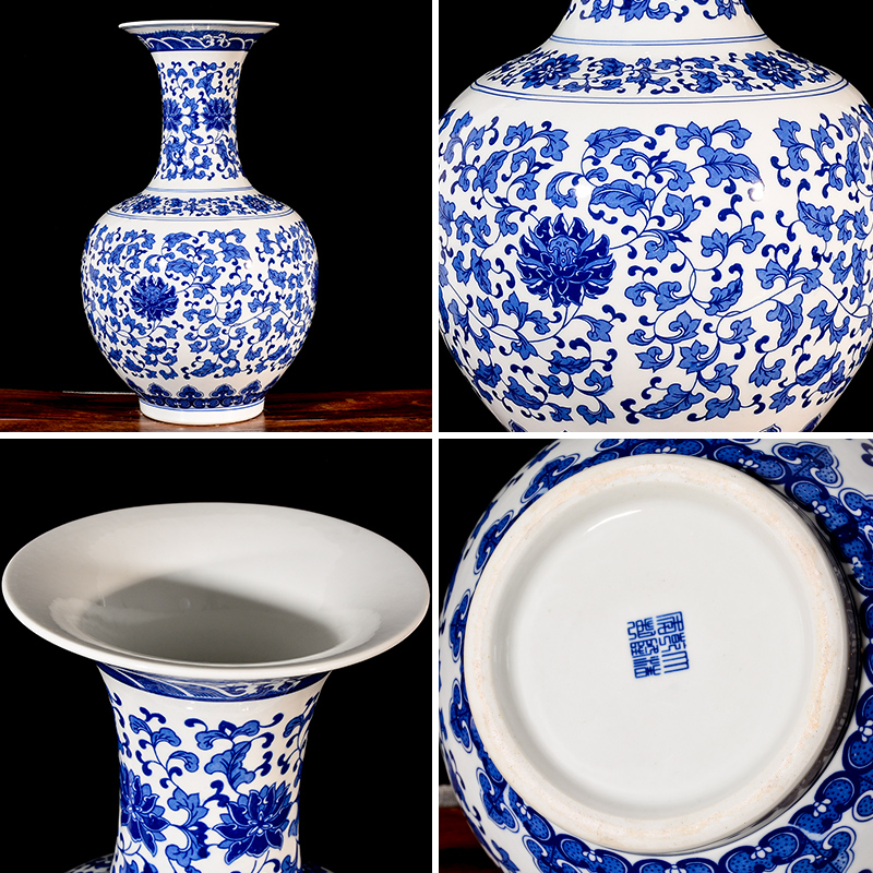 Jingdezhen blue and white tie up branch lotus flower arranging archaize ceramic vases, new Chinese style living room TV cabinet porch floor furnishing articles