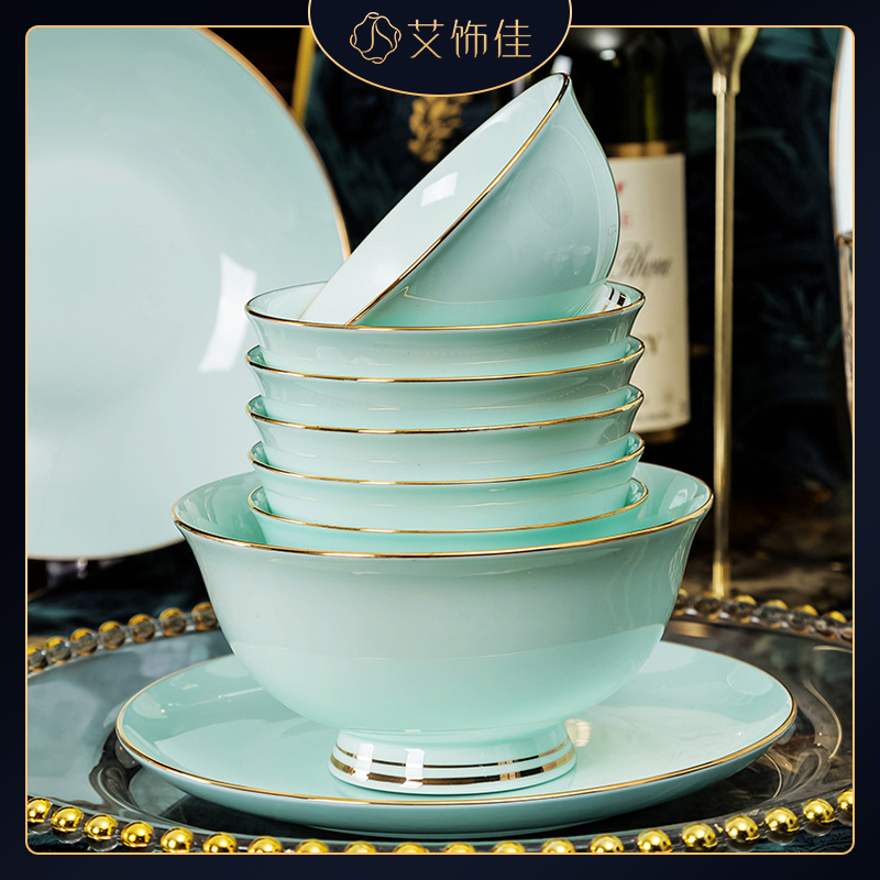 Jingdezhen high - grade light shadow celadon tableware suit household European contracted hand - made key-2 luxury up phnom penh ipads plate combination