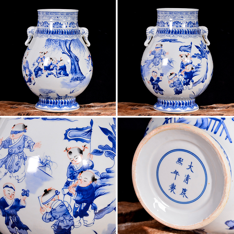 Jingdezhen blue and white lad vase Chinese antique ceramics ears sitting room rich ancient frame TV ark, flower arranging furnishing articles