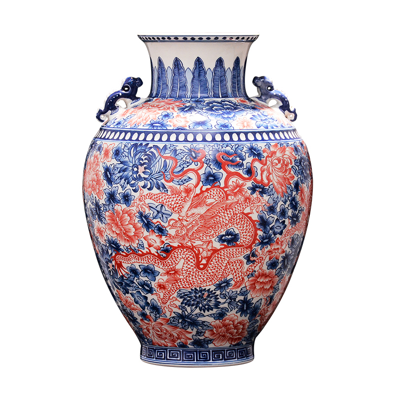 Jingdezhen ceramics vase manual youligong antique blue and white porcelain double classical Chinese style living room TV cabinet furnishing articles