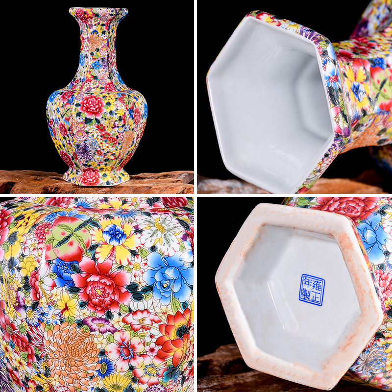 Jingdezhen ceramics powder enamel six - party vase antique flower flower arrangement of Chinese style living room TV ark adornment furnishing articles