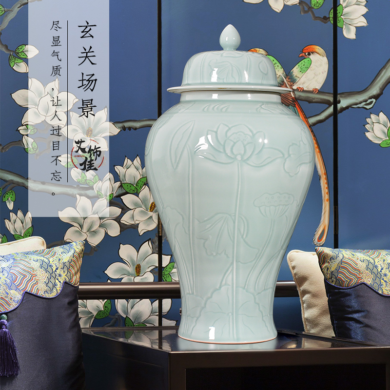 Jingdezhen ceramics shadow blue vase carved sitting room of Chinese style household flower arranging dried flower adornment TV ark, furnishing articles