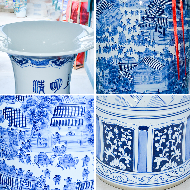 Jingdezhen ceramic large vases, antique qingming scroll sitting room hotel opening of blue and white porcelain decorative furnishing articles