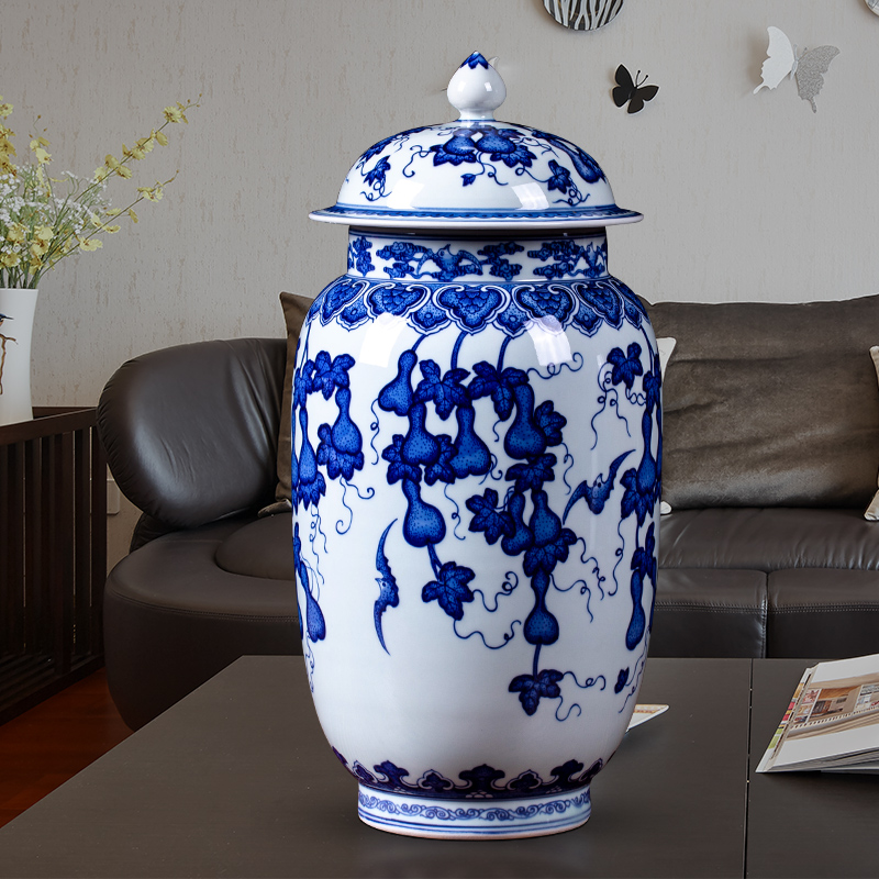 Jingdezhen ceramic general porcelain jar with cover archaize gourd storage tank Chinese wine sitting room adornment is placed