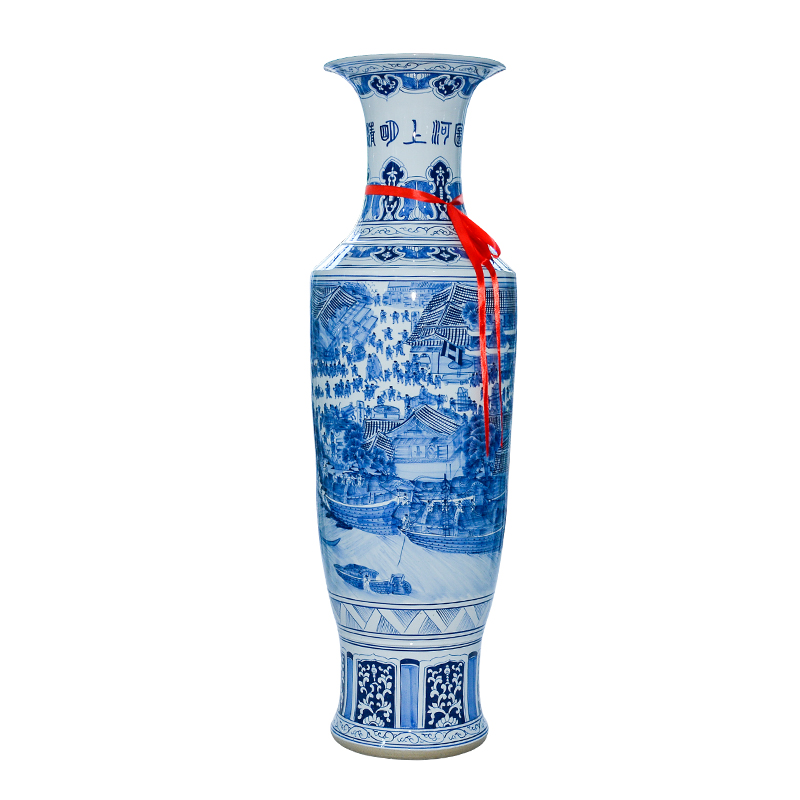 Jingdezhen ceramic large vases, antique qingming scroll sitting room hotel opening of blue and white porcelain decorative furnishing articles