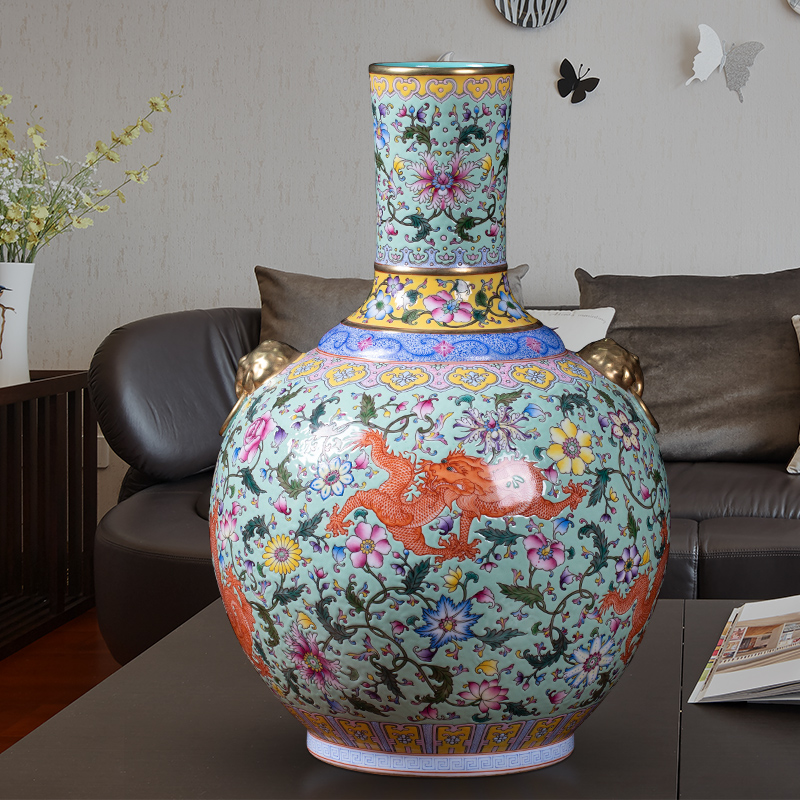 Jingdezhen chinaware paint ears archaize colored enamel vase palace Chinese style living room a study decorative arts and crafts