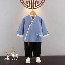 Boy Han clothes in ancient clothes Spring and autumn style Chinese style retro childrens clothes with three grain buttons Children less lord to wear the baby Dowsuit suit
