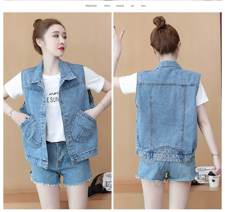 Áo khoác denim của phụ nữ ngắn giản dị giản dị tất cả các trận đấu vest năm 2021 mới mùa xuân và mùa thu mùa hè Hàn Quốc xu hướng vest mặc ngoài rộng rãi - Áo vest