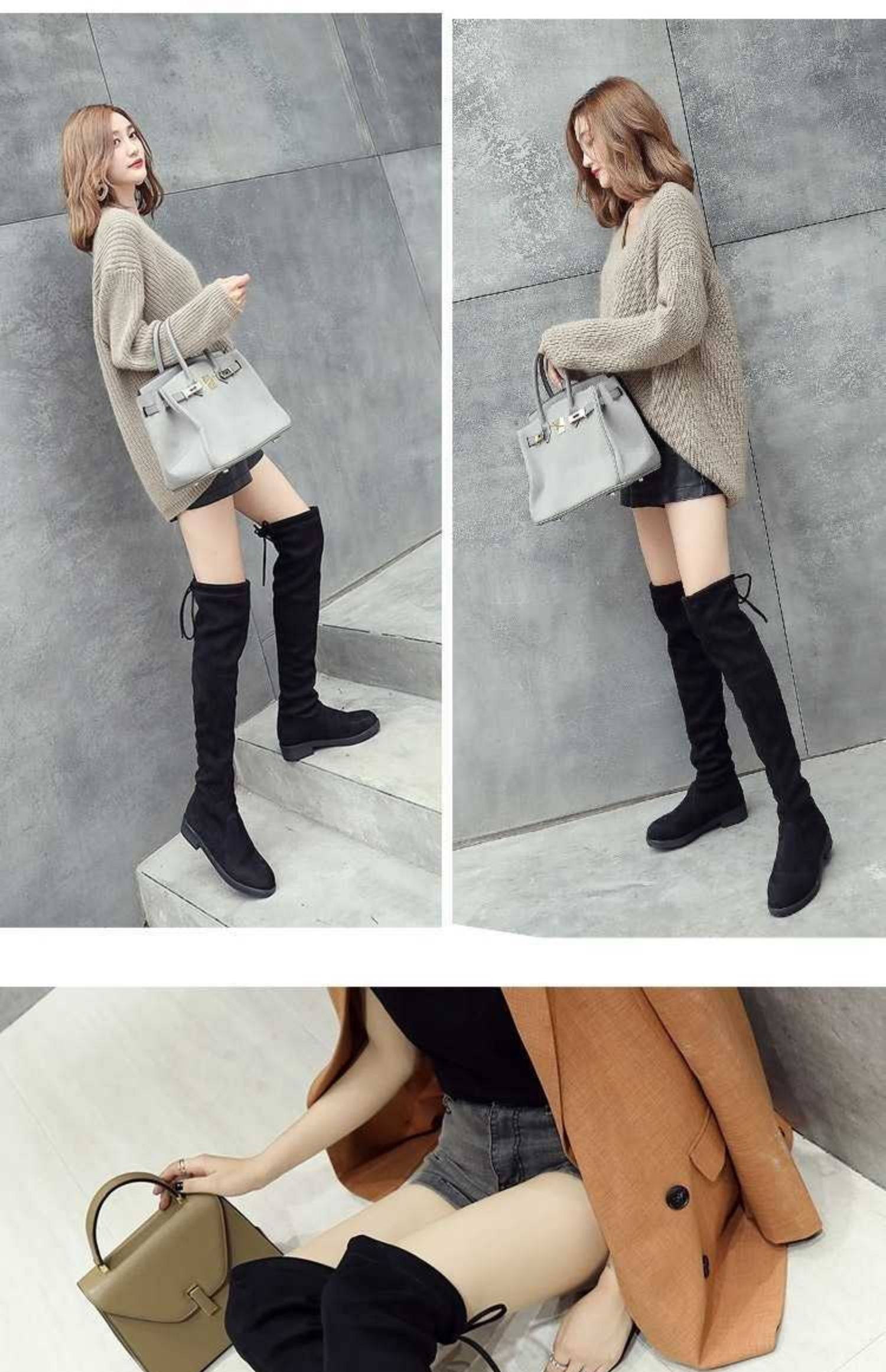 2019秋冬新款过膝长靴女显瘦高筒靴长筒靴平底加绒长靴子_卷白菜