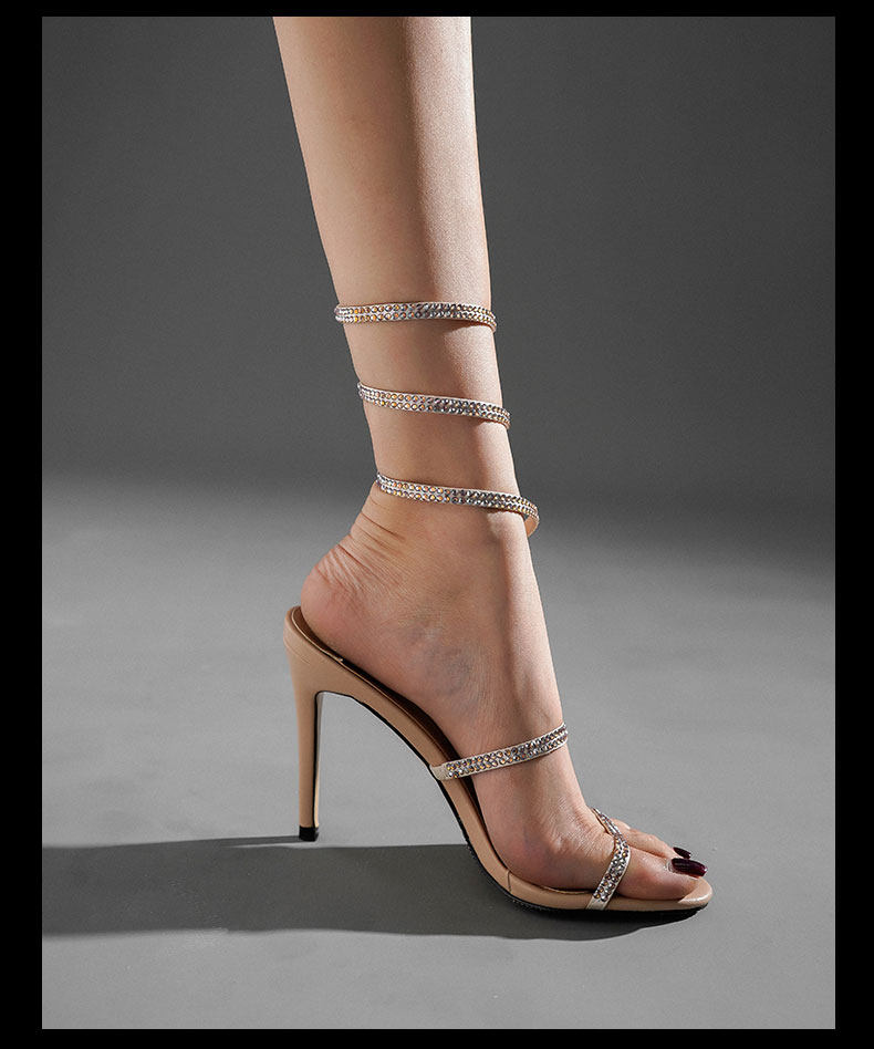 金三志水钻蛇形缠绕凉鞋2020夏长款仙女高跟鞋网红露趾细跟性感水晶亮