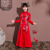 Childrens red Tang costume Small cheongsam skirt Girls Autumn and Winter New Year costume Guzheng performance costume Big children Chinese style