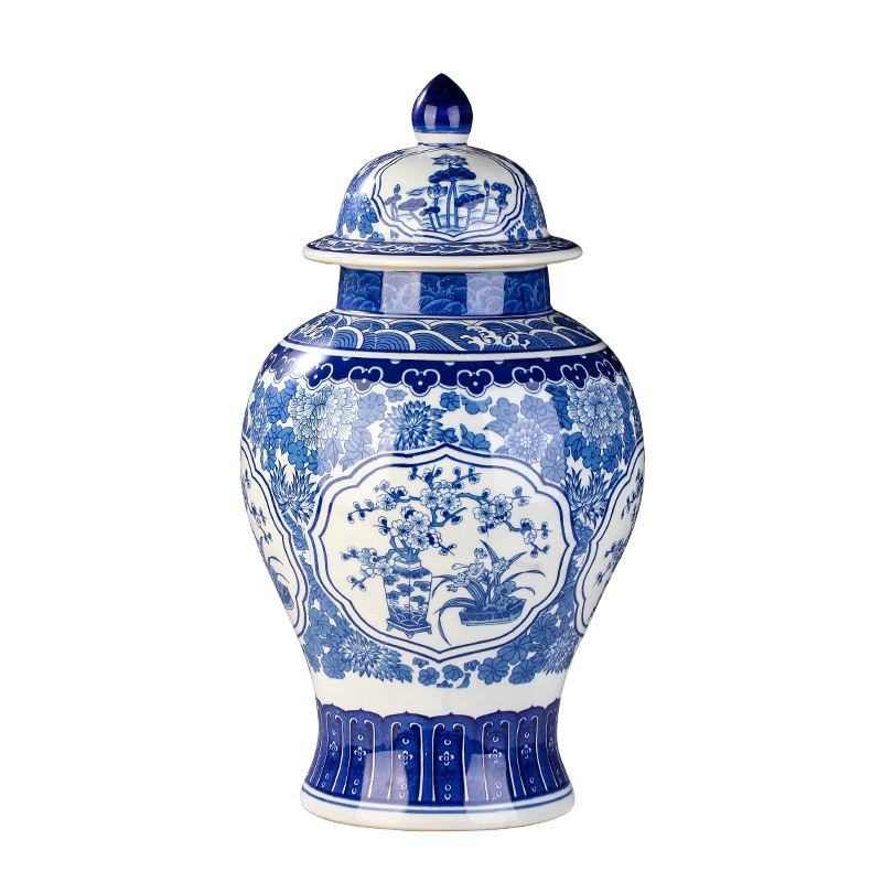 Jingdezhen ceramic general furnishing articles put lotus flower grain size of blue and white porcelain jar of Chinese style living room TV cabinet storage tank