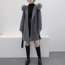 2021 popular new double-sided Ni wool coat womens coat fox wool collar zero cashmere mid-length hooded lace-up