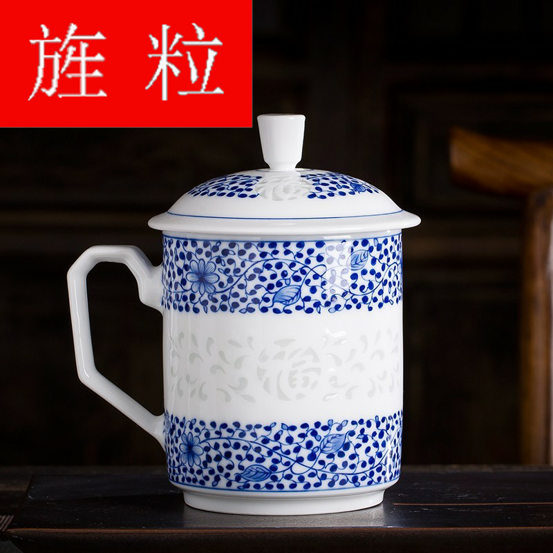 Continuous grain of jingdezhen ceramic cups with cover glass cup tea cup home office and exquisite blue and white porcelain