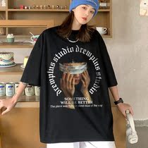 drawn plus eye-covering girl-2022 new 220g cotton fabric trendy brand short-sleeved t-shirt for men and women couples