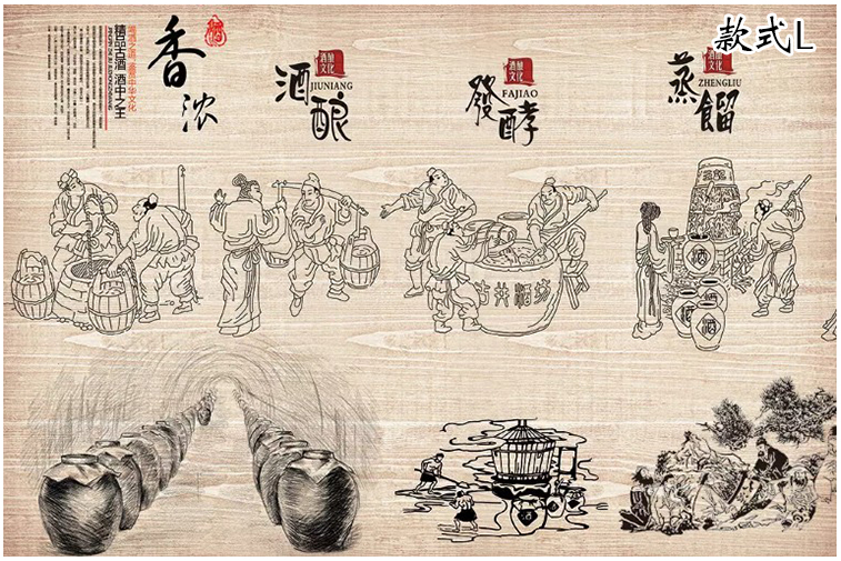 3d传统酒文化背景墙纸白酒酿酒工艺装饰壁画酒庄酒坊