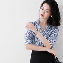 Di Tududun Blue Striped Shirt Woman Summer New Slim Fit Short Sleeve Design Sensation 19 Mmi Heavy Genuine Silk