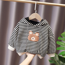 COLLOMIN men and womens velvet striped sweater Childrens autumn and winter baby thickened hooded base shirt