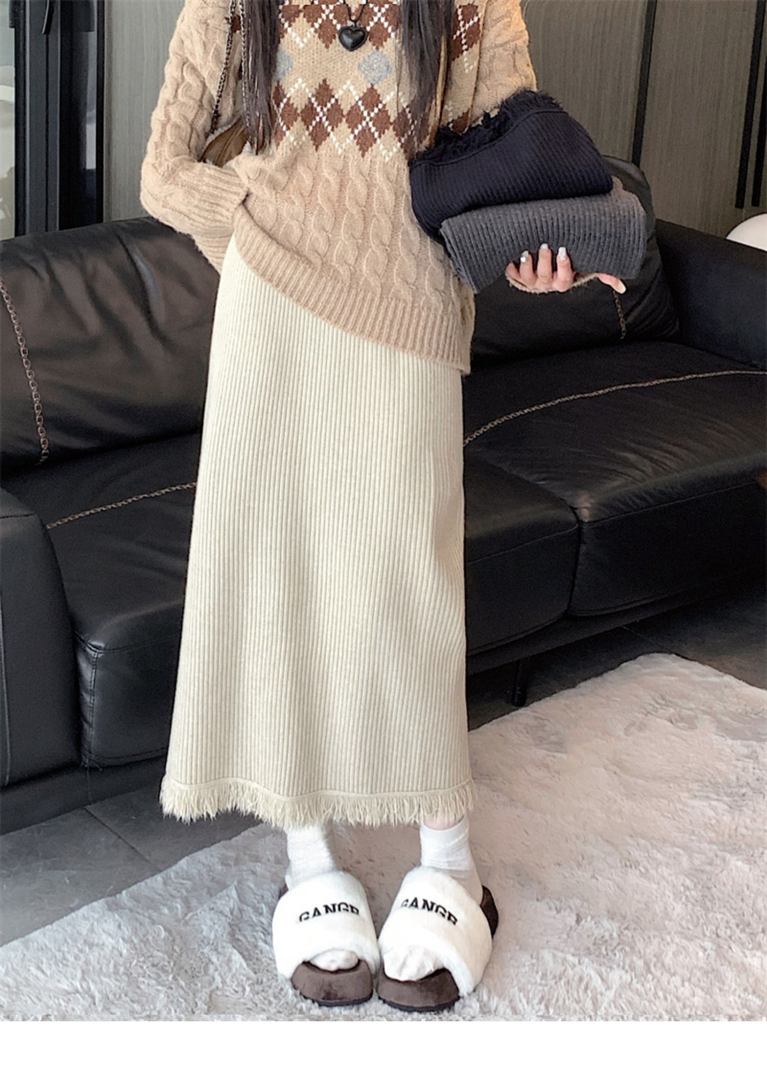 大码流苏针织半身裙女开叉胖妹妹 简约弹力包臀中长裙胖mm毛线裙