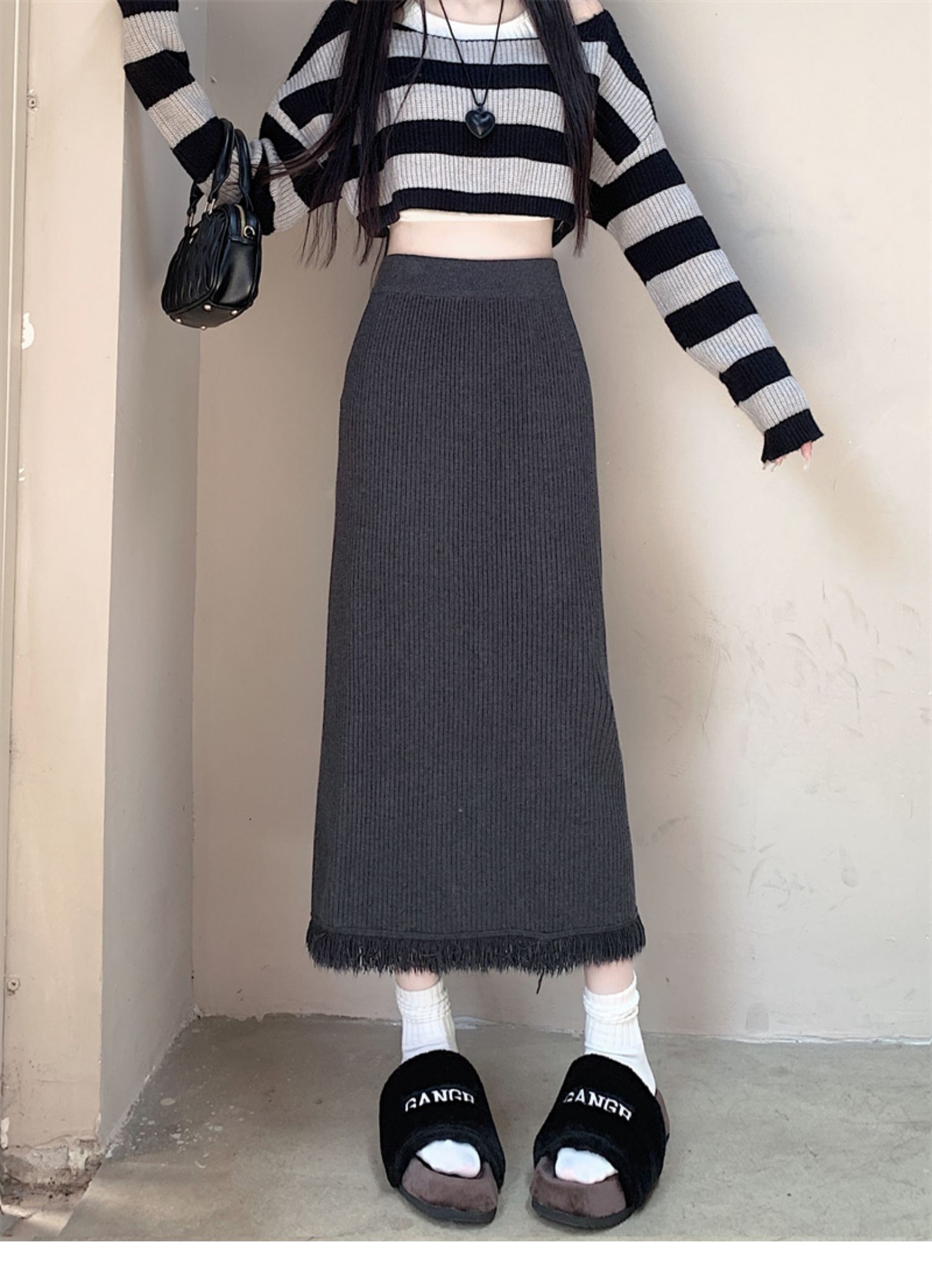 大码流苏针织半身裙女开叉胖妹妹 简约弹力包臀中长裙胖mm毛线裙