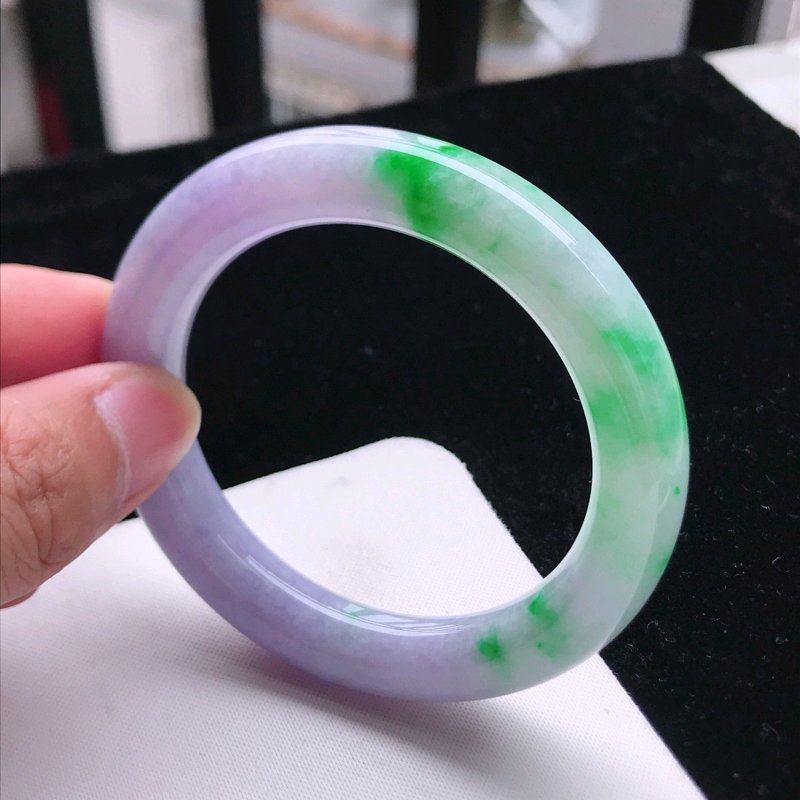 缅甸天然老坑春彩玉镯子细糯春带彩紫罗兰翡翠圆条手镯