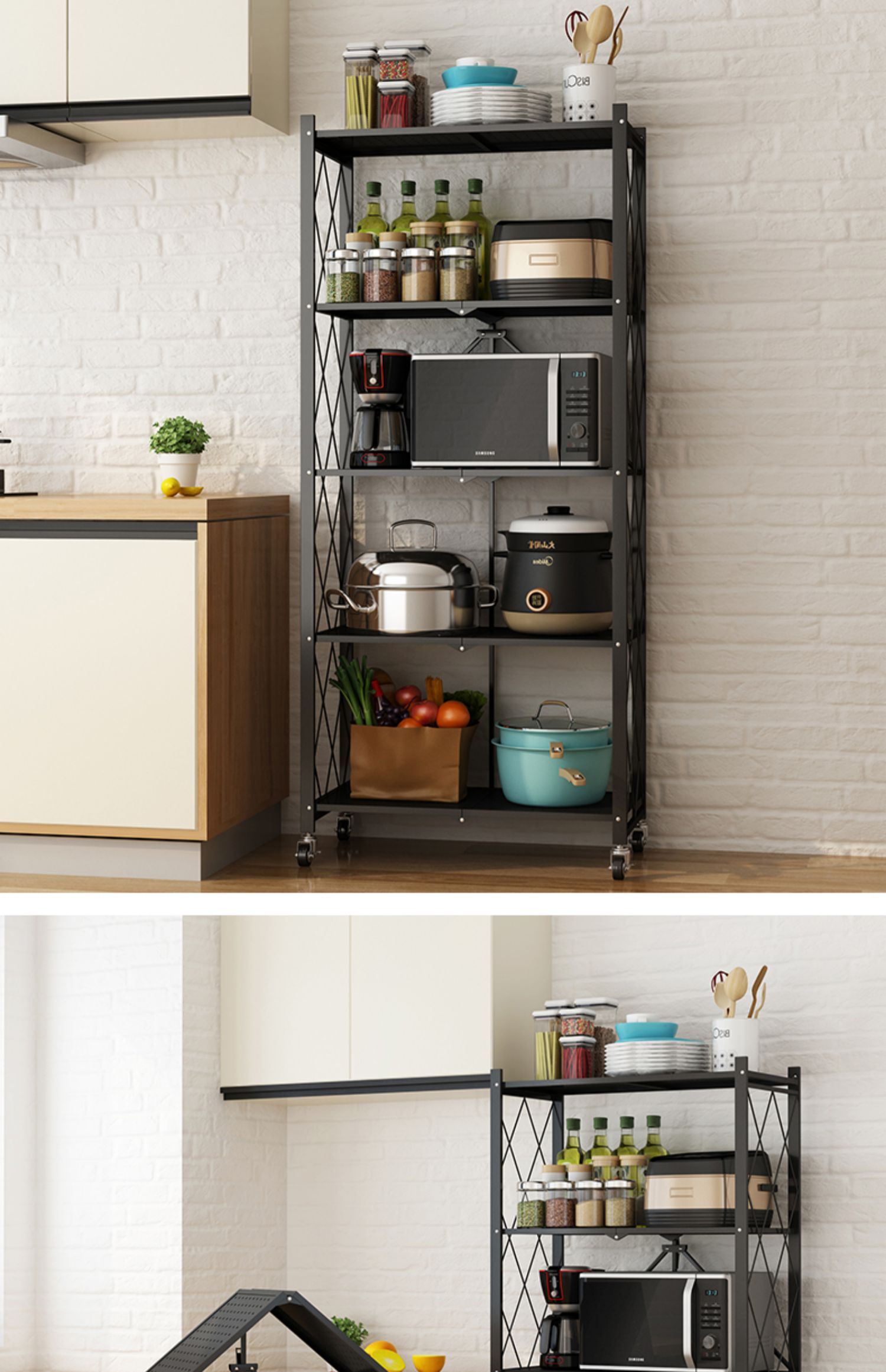折叠式厨房置物架落地多层收纳架微波炉烤箱锅带轮家用储物货架