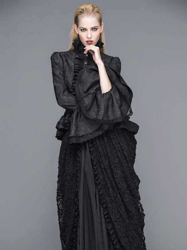 Phong cách Gothic của phụ nữ Châu Âu và Châu Mỹ cung điện tay áo lá sen cổ đứng cổ áo mỏng vừa vặn buộc áo sơ mi mùa xuân và mùa thu áo sơ mi mới trình diễn hàng đầu - Áo sơ mi