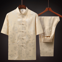Tang Loaded Short Sleeve Suit Man Middle-aged elderly Chinese Wind Grandpa Costume Half Sleeve Summer Real Silk Shirt Year Old Clothes