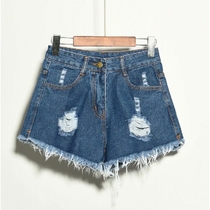 Korean version of high-waisted shorts female summer size fat m burrs hole A- shaped loose thin hot pants women wear