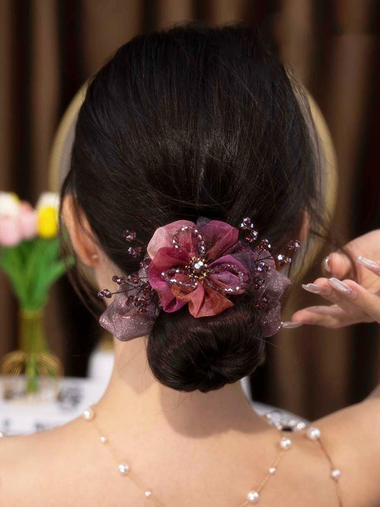 Elegant Organza Headdress Flower Headwear Crystal Flowers Headband Female Bun Hair Tie High-Grade Large Intestine Hair Band Female