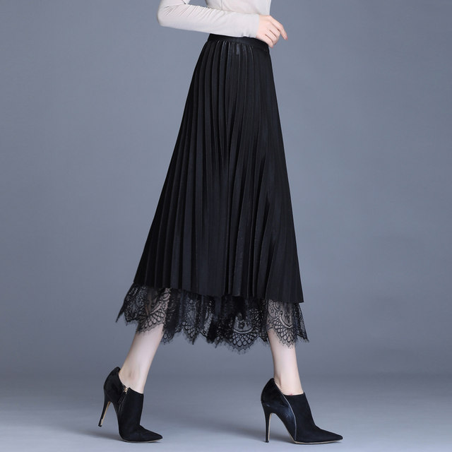 Female black pleated skirt Spring skirts and long sections waist on both sides of double-sided wear net veil lace skirt a word Female black pleated skirt Spring skirts and long sections waist on both sides of double-sided wear net veil lace skirt a word
