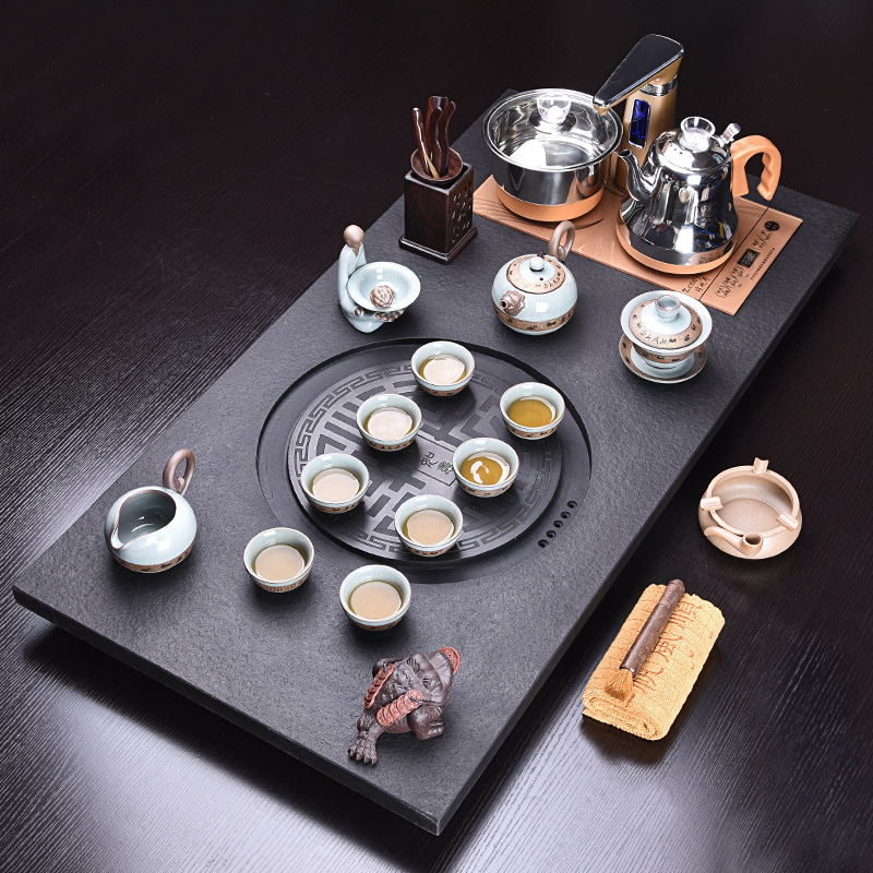 HaoFeng purple sand tea set home four unity sharply stone solid wood tea tray automatically kung fu tea tea tea