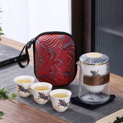 Anti-scald quick cup portable outdoor tea making pot three cups glass portable travel Kung Fu tea set household pot