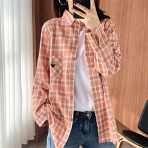 Autumn 2020 new cotton medium long paragraph womens long-sleeved plaid shirt single pocket embroidery cartoon lapel shirt