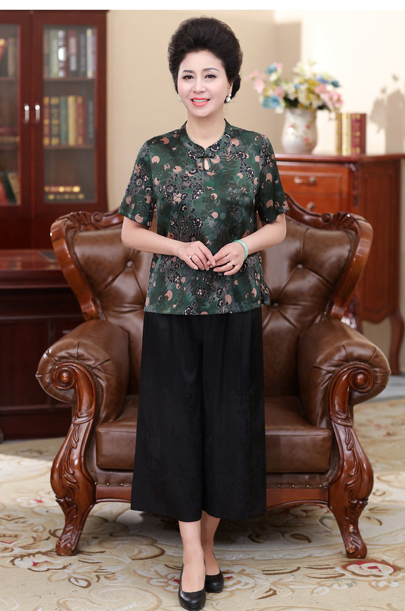 中老年女装真丝t恤上衣 桑蚕丝复古中式盘扣妈妈装大码奶奶夏装