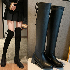 长靴女过膝粗跟瘦瘦靴2019秋冬季中跟长筒靴显瘦弹力靴加绒女鞋子