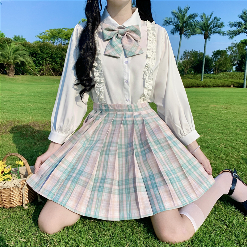 Original preppy style short sleeve shirt girl JK uniform skirt genuine plaid skirt summer children's graduation full suit class uniform