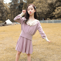  Girls  knitted suit autumn and winter 2021 new western style Korean style college style fashion two-piece skirt 10-year-old middle-aged children