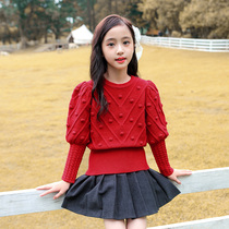  Girls autumn and winter sweater 2021 new foreign style new Year childrens clothing Korean version of childrens bottoming sweater red middle and large children