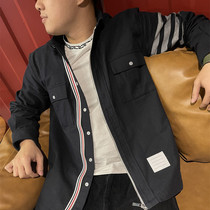 Tide brand autumn TB casual zipper long-sleeved shirt mens youth popular slim flannel brushed shirt coat