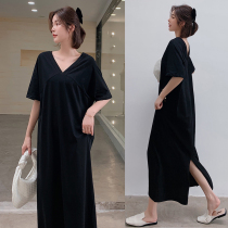 Maternity summer dress split large size long dress 2021 new loose casual V-neck short sleeve long maternity t-shirt