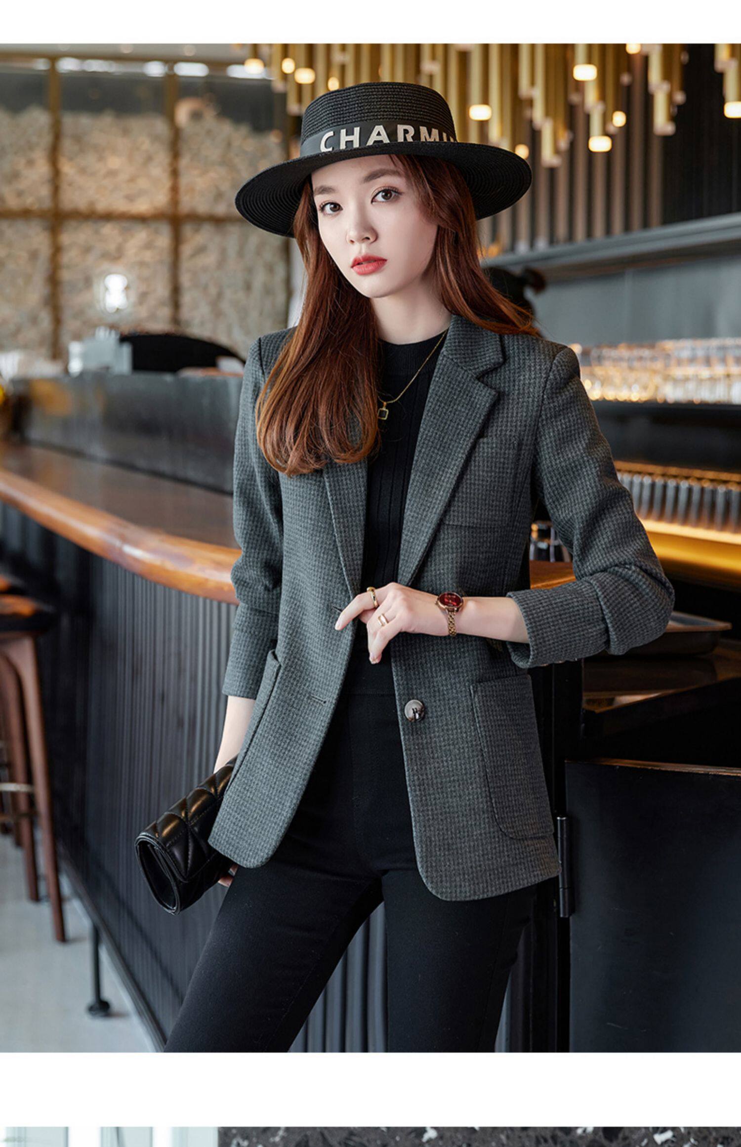 毛呢格子西装外套女2025春秋季新款加厚中长款休闲气质小西服上衣