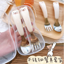 304 childrens stainless steel fork spoon set Baby learn to eat training spoon fork tableware Baby supplementary food bowl spoon