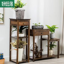 Balcony fleshy flower rack New Chinese style modern simple household living room Solid wood floor-to-ceiling shelf combination flower table