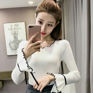 韩版新款毛衣女套头秋冬季喇叭袖打底长袖上衣针织衫修身百搭秋装