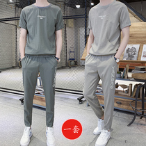 Ice silk short-sleeved T-shirt mens casual suit summer fashion mens set with handsome thin summer clothes