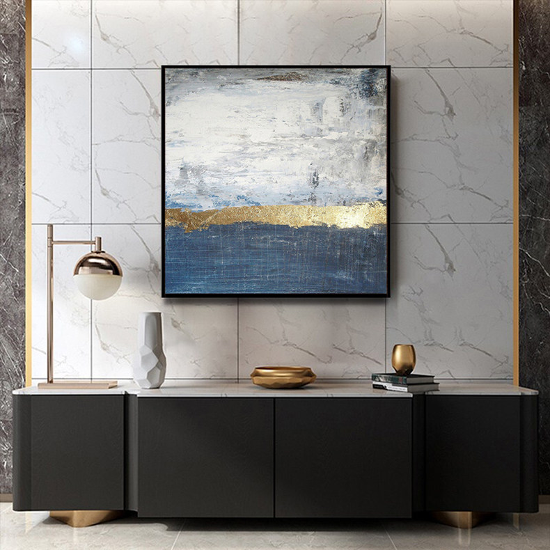 中式轻奢蓝色金箔油画挂画玄关走廊过道装饰画客厅抽象纯手绘油画
