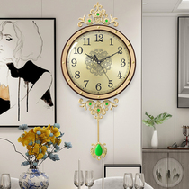 New Chinese style solid wood wall clock Living room mute wall clock Fashion light luxury swing clock Decorative wall clock Household clock